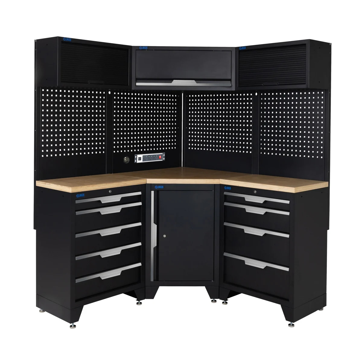 SGS 10pc Corner Garage Storage System | 9 Drawers | Pressed Wood Worktop | Corner Floor Cabinet | 3x Upper Cabinets | Pegboard with Power Strip